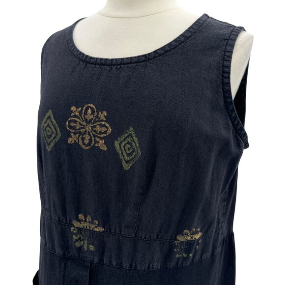 Vintage Blue Cactus Womens Large Dress Linen Blend Sleeveless Jumper Boho Black - Picture 3 of 12